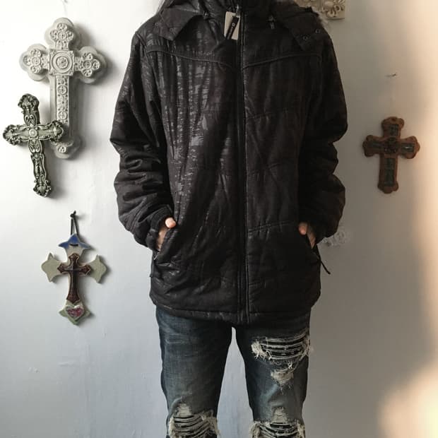 Fake fur hood dyed printing jacket