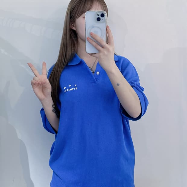 아이앱 크롭피케 블루 셔츠