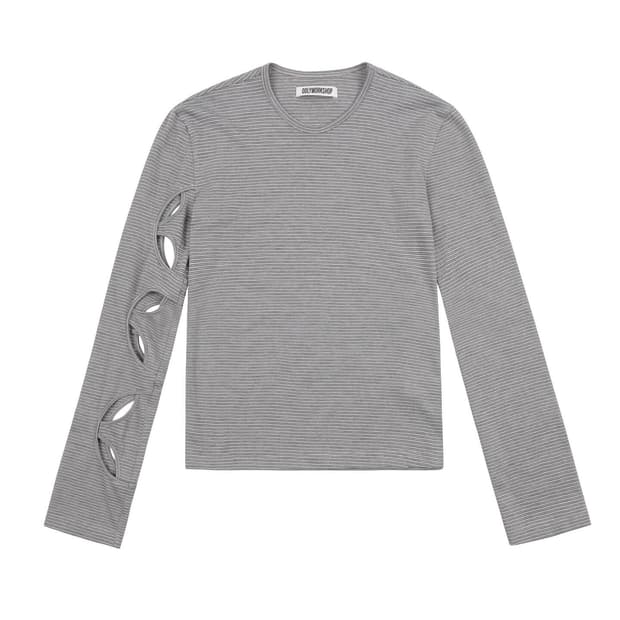 Pink & Khaki Stripe Long Sleeve Cutout T