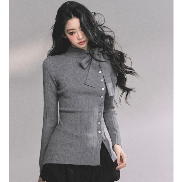 ShaoyeEye 니트 슬림핏 리본넥 스웨터