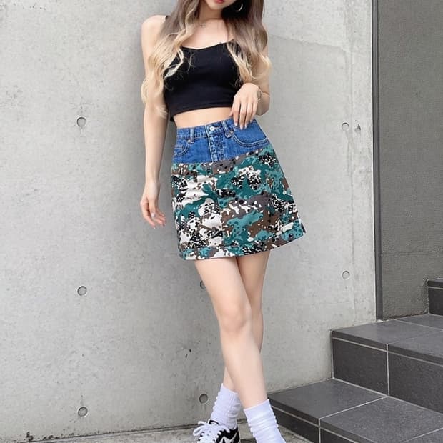 디젤 카모플라쥬 더블 데님 레이어드 미니 스커트