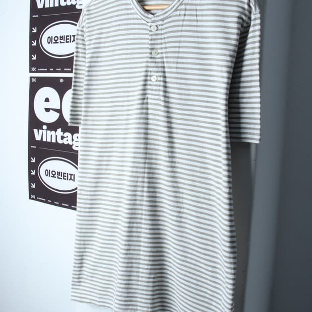 (XL-2XL) 지오다노 반팔 티셔츠 헨리넥 스트라이프 카키-H32664