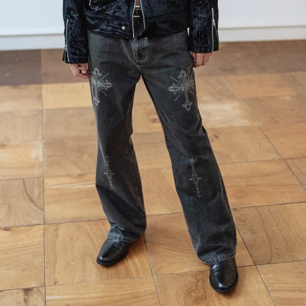 32 새제품) 비슬로우 세미 부츠컷 데님 블랙 웨스턴 청바지 고딕 자수
