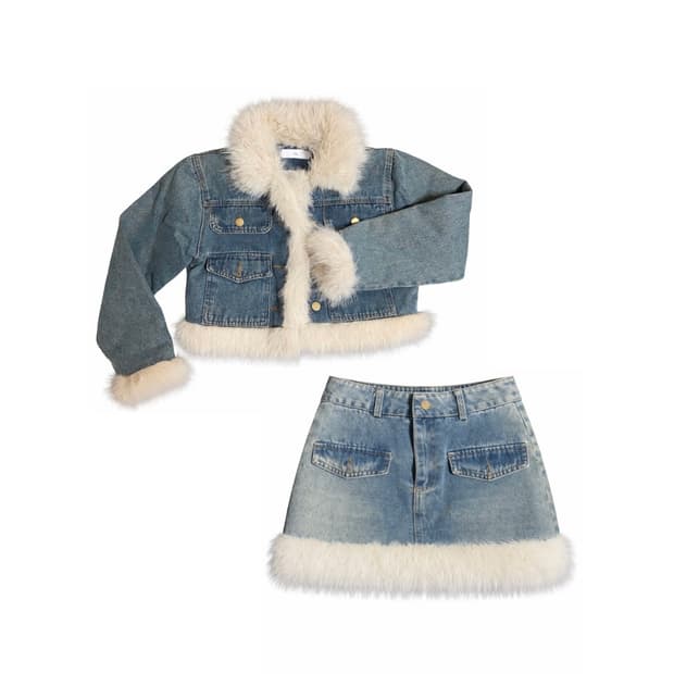 Faux fur denim set 퍼 데님 투피스 세트