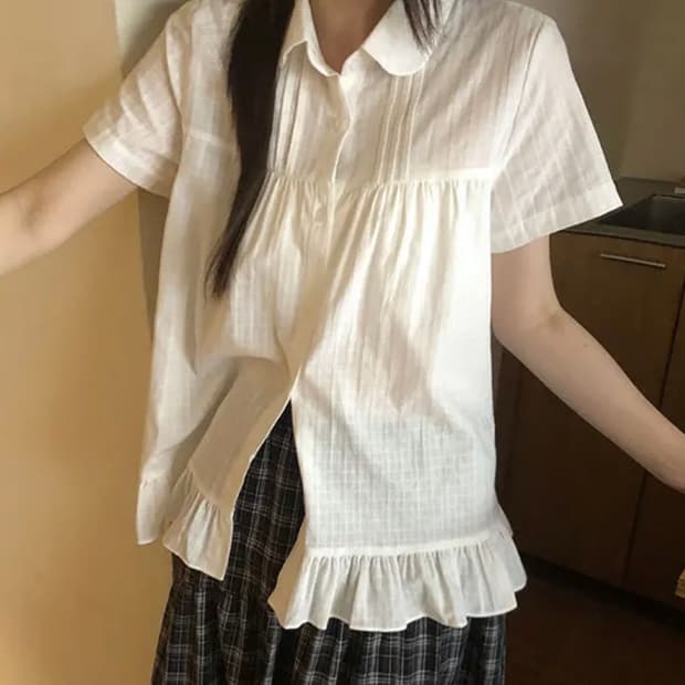 니어웨어 라츠 프릴 카라 반팔 블라우스 셔츠