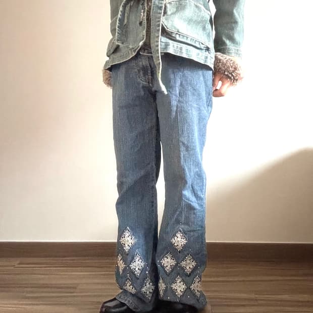 레이스 부츠컷 데님 팬츠