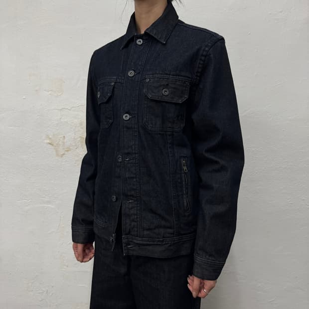 스투시 인디고블루 트라이브 자수 벨루어 아치 로고 데님 트러커 자켓