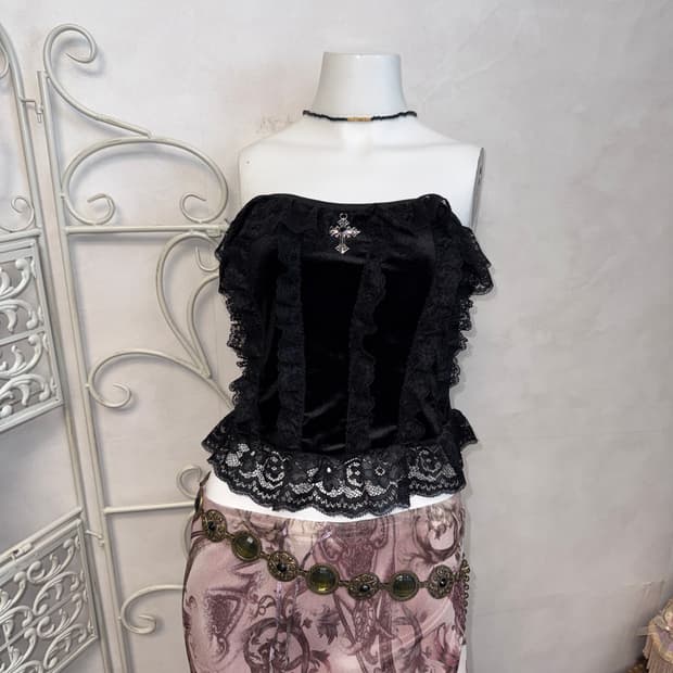 Black velvet lace cross charm tube top