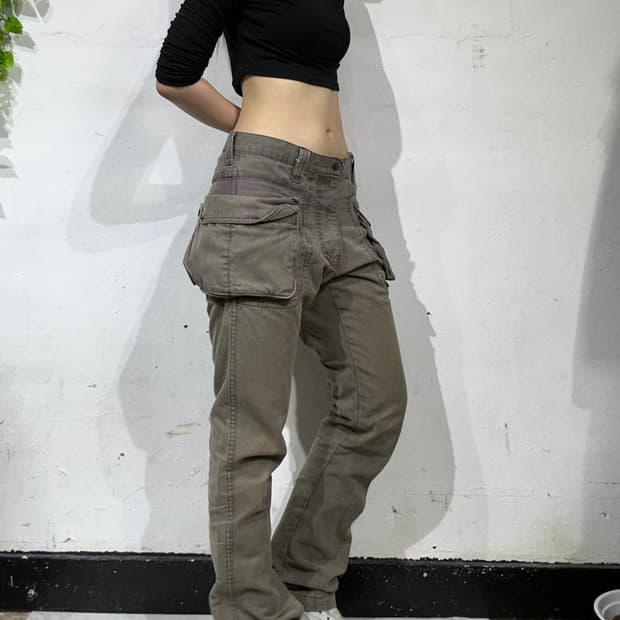 빈티지 카키 포켓 포인트 새깅 스키니 카고 데님 팬츠 L
