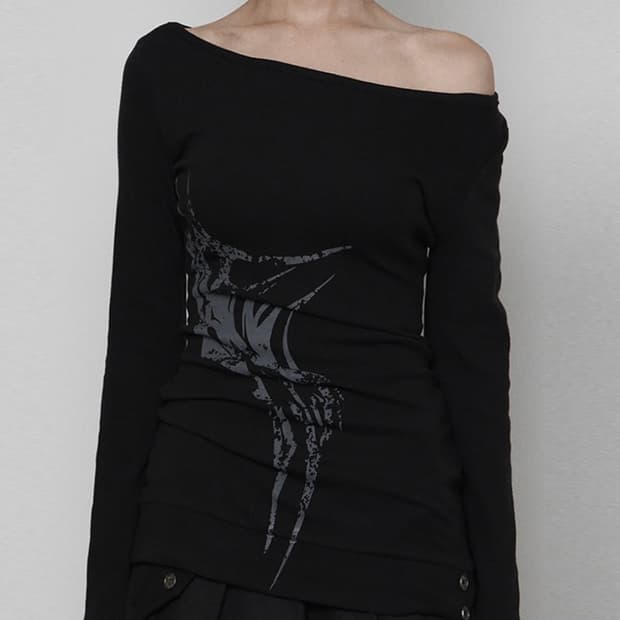 Bout neck Rib Button Side Print Onepiece