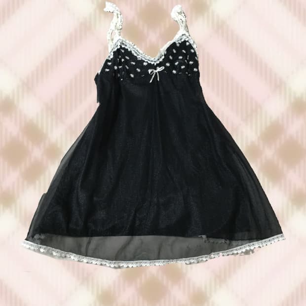 블랙 레이스 리본 펀칭 시스루 슬리브리스 나시 히메 오네 라떼 갸루 모리