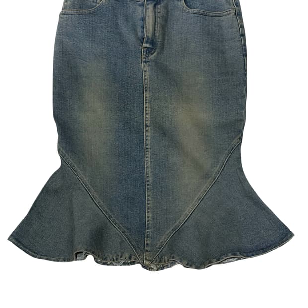 데님 부츠컷 플레어 머메이드 미디스커트