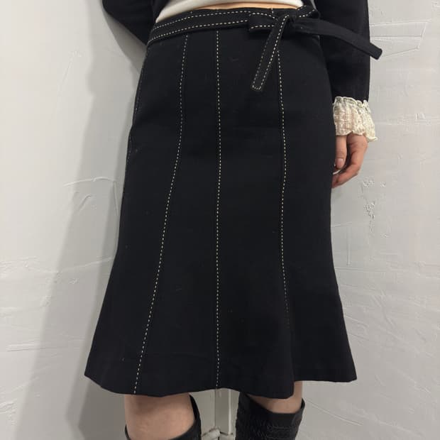 belt wool midi skirt