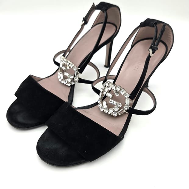 구찌GG 블랙 스웨이드 크리스탈 앵클스트랩 샌들 힐 37반