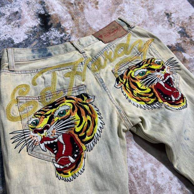 Ed Hardy 타이거 자수 워싱 데님 팬츠