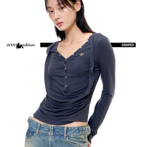 2000아카이브 DRAPED HENLEY TOP 차콜 새상품