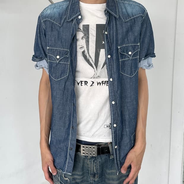 빈티지 레이어드 하프 데님 셔츠