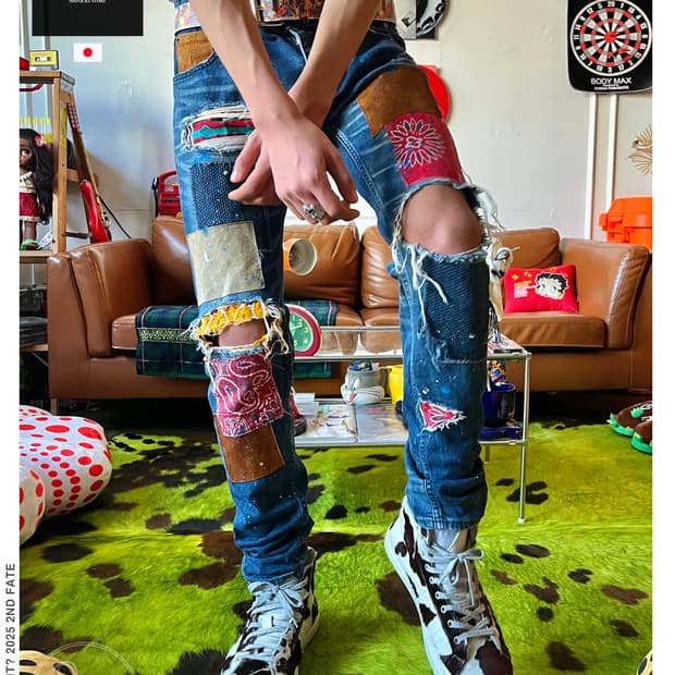 NO ID. Leather Bandana Patch-Work Denim