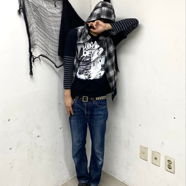 (Beaumere)00’s Bone-Hoodie Check Vest Zi
