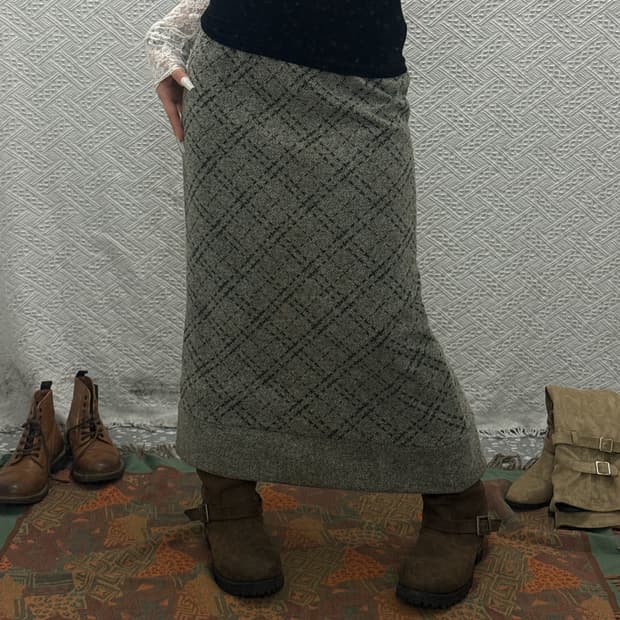 빈티지 캐주얼 모직 스티치 헤링본 트임 롱스커트 K0090