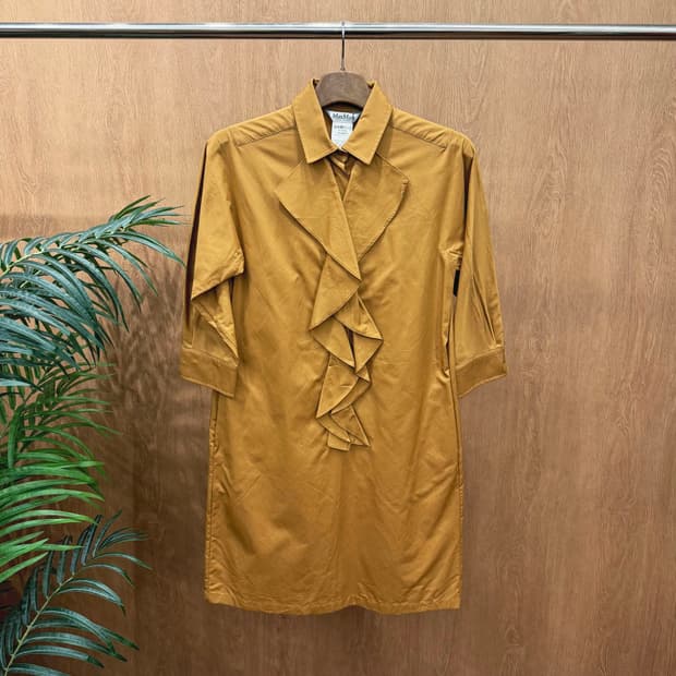 막스마라 7부 셔츠 미디 원피스 클래식 프론트 러플 디테일 골드 머스타드