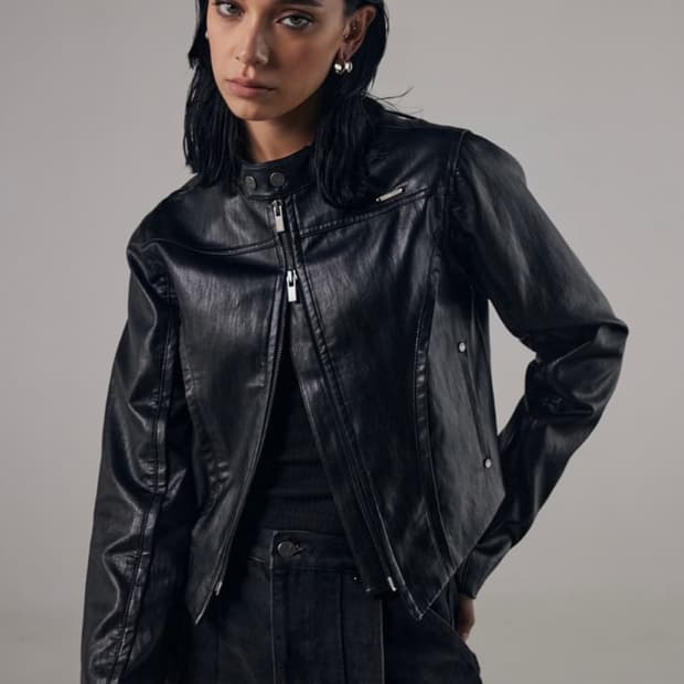 트리밍버드 가죽 바이커 자켓