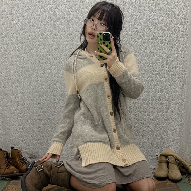 빈티지 모리 여리핏 롱 후드 버튼 니트 가디건 K0002