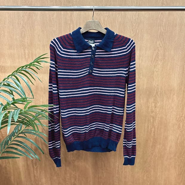 돌체앤가바나 긴팔 카라 니트 멀티 스트라이프 패턴 로고 패치 네이비 레드