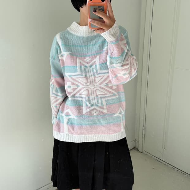 일본빈티지 파스텔 눈꽃 빈티지스웨터