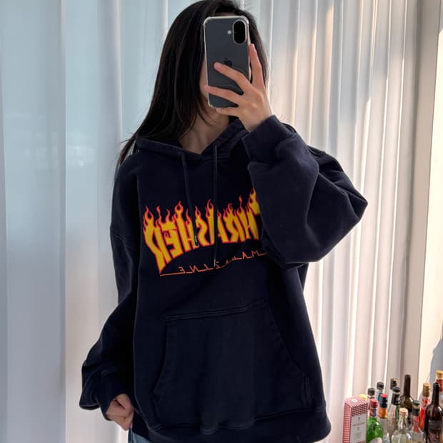 [L]트레셔 Thrasher 플레임 불꽃 로고 후드티
