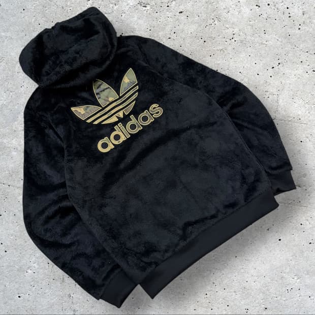 [95] 아디다스 블랙 퍼 후드집업 카모 빅로고 B790