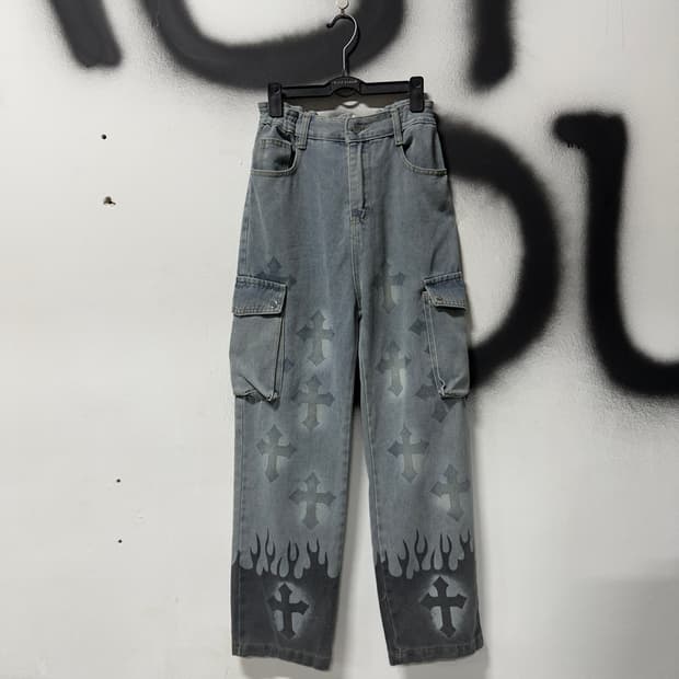 VTG 빈티지 멀티 크로스 프린팅 와이드 카고 데님 팬츠