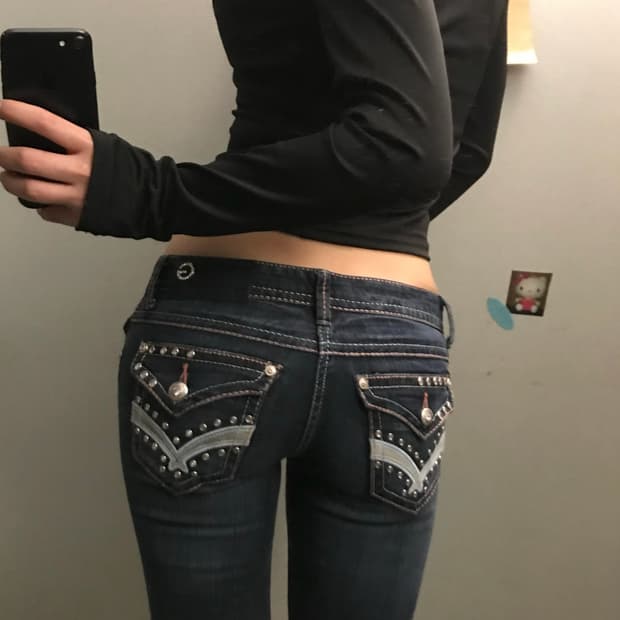 Vtg Y2k 오네갸루 핑크 큐빅 진청 로우 세미 부츠컷