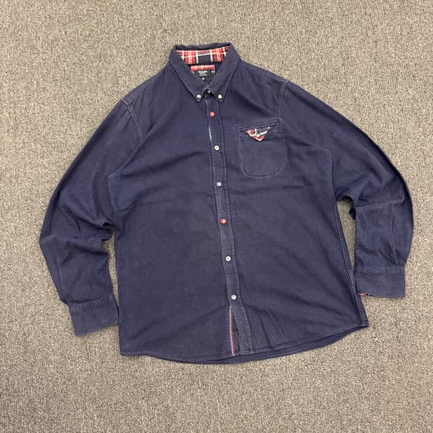 XL)Beams Heart 빈티지 체크패턴 포인트 코튼 네이비 긴팔 셔츠