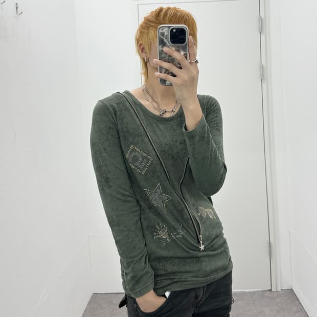 Side shirring detail khaki long sleeve
