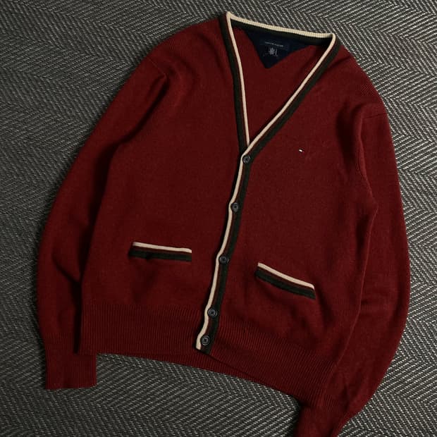 타미힐피거 버건디 램스울 가디건y 3841