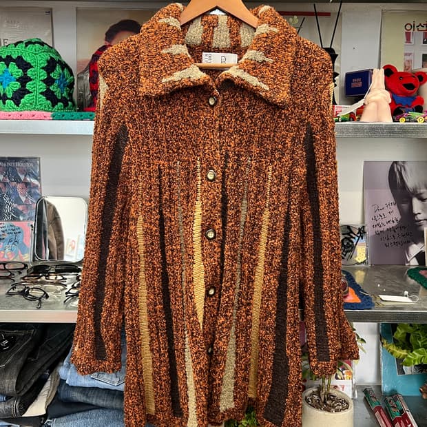 Vintage Brown Stripe Knit Long Jacket