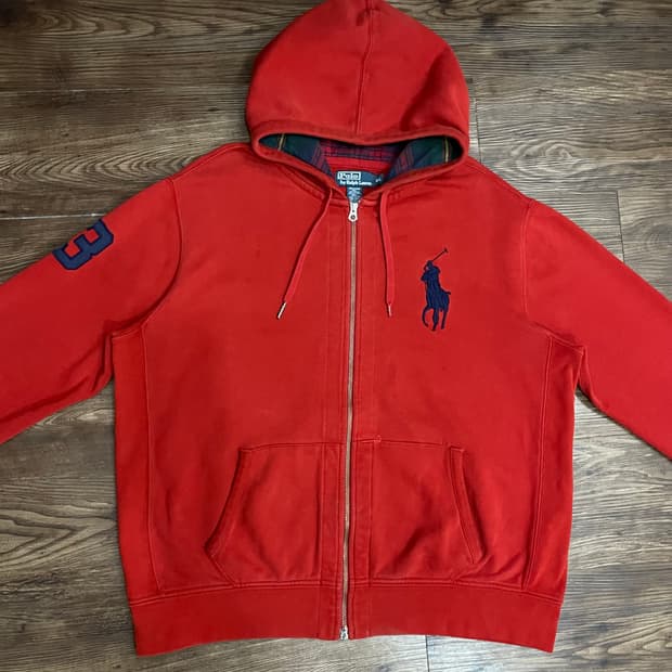 폴로 랄프로렌 빅포니 체크 후드집업 레드