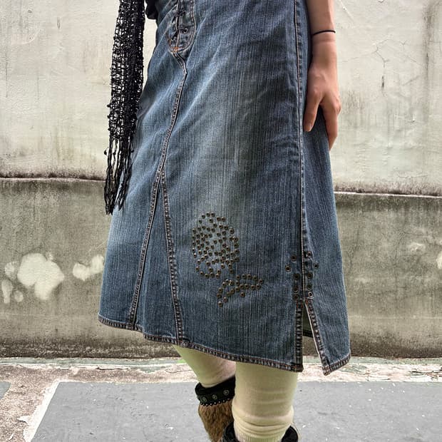 Grunge Stud Skull Lace-Up Denim Skirt