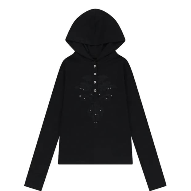 Studded Leaf Hooded Long Sleeve (Black)