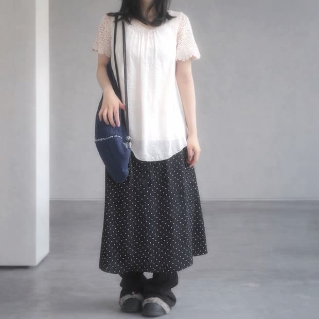 블랙 도트 치마+ 레이스 블라우스 탑 set
