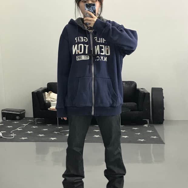  타미힐피거 네이비 기모후드집업