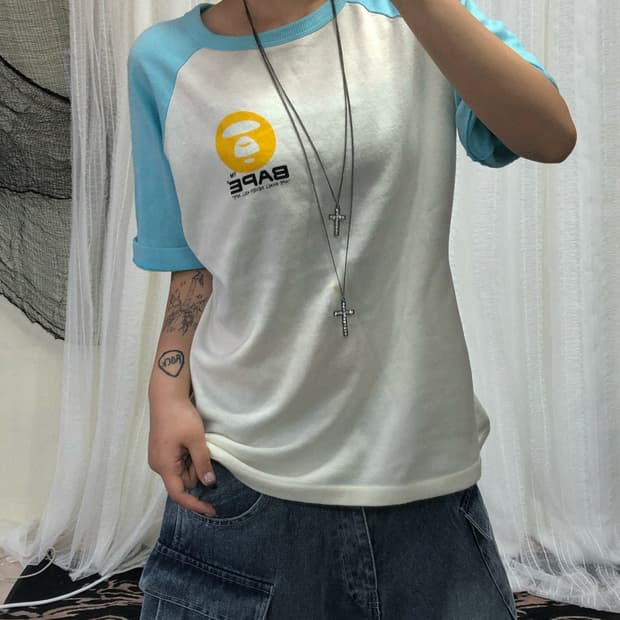 90’s bape 레글런 화이트 스카이블루 로고 탑