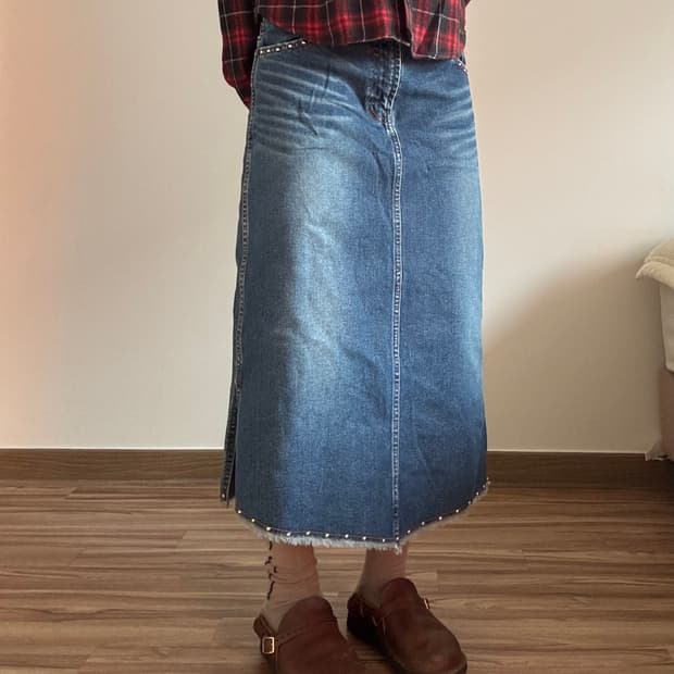 데님 스터드 롱스커트