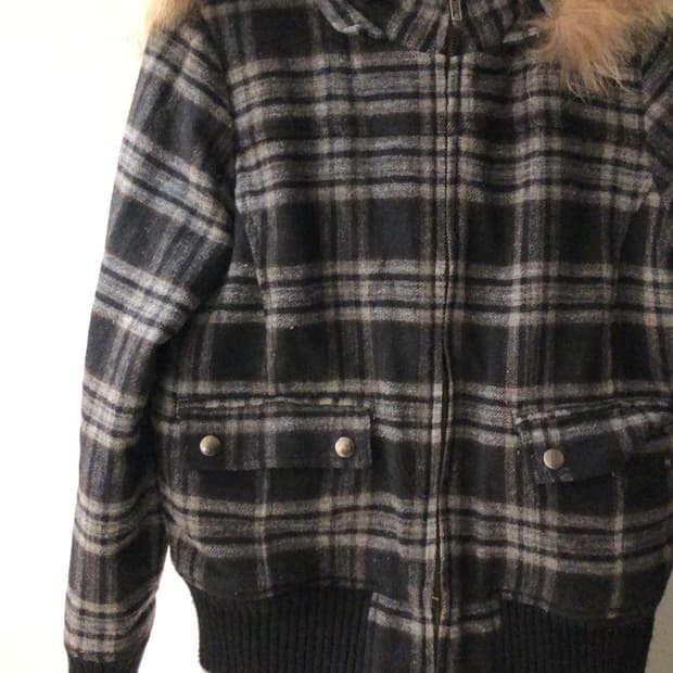 체크 후드 퍼 자켓