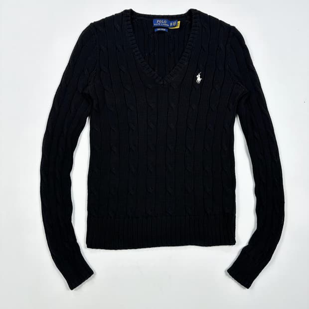 폴로 랄프로렌 여성 클래식 브이넥 케이블 니트 블랙 여성XS