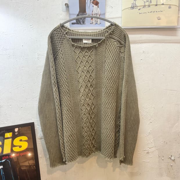 CAL O LINE 케이블 자카드 컷오프 니트 