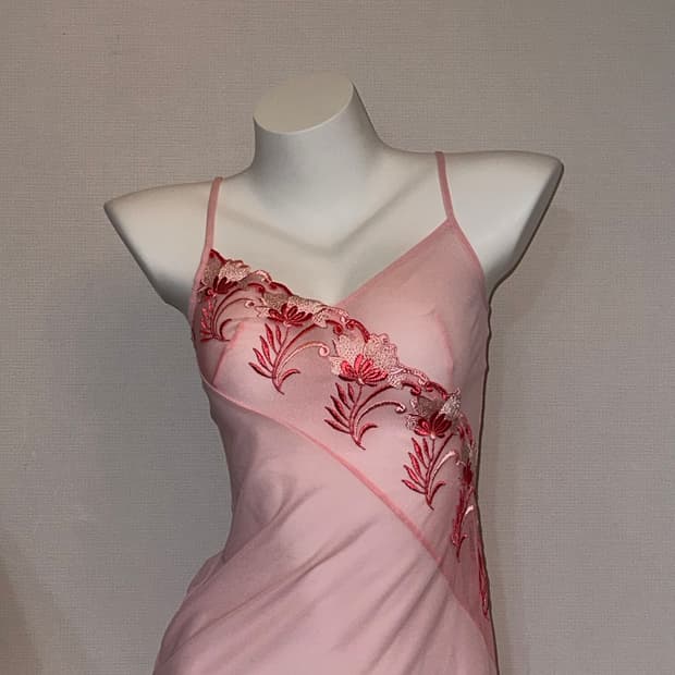 빈티지 핑크 시스루 플라워 오리엔탈 슬리브리스 원피스