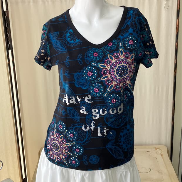 oriental flower blue half t-shirt