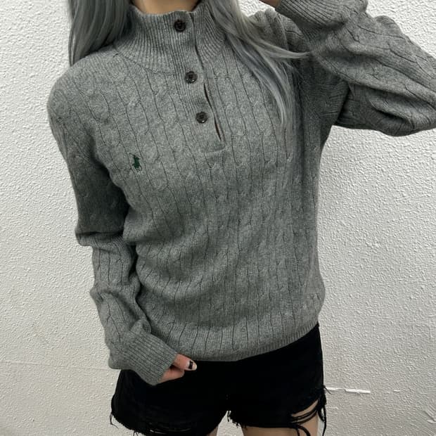 폴로 랄프로렌 딥그린포니 그레이 꽈배기 버튼 니트 S